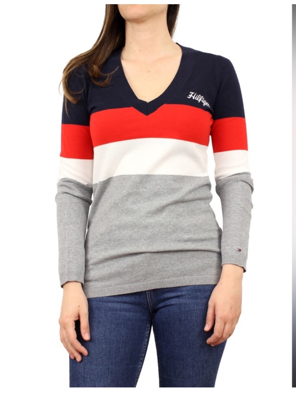 Tommy Hilfiger Red, Navy, and Gray V-Neck Sweater - Preowned